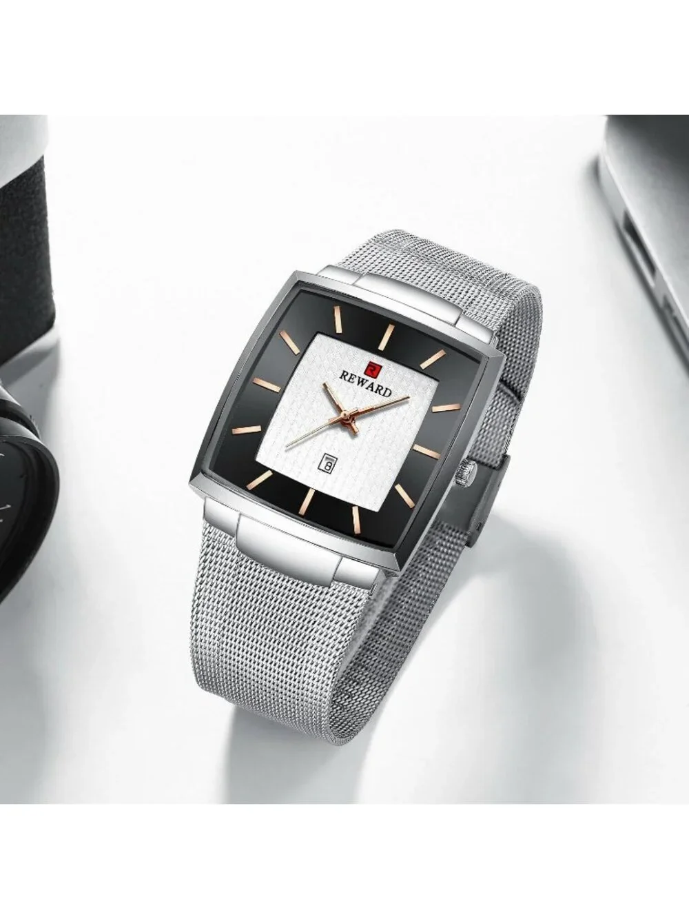 Men's Silver Gold Square Analog Quartz Stainless Steel Mesh Strap Wrist Watch